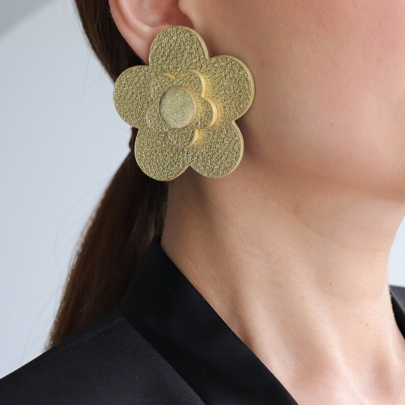 Large gold flower leather stud earrings Statement earrings Sustainable jewelry Gift for her Hypoallergenic image 5