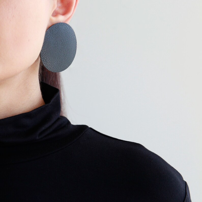 Large black circle leather earrings Big black statement Etsy
