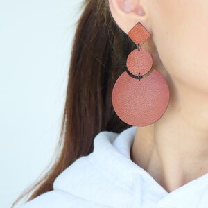 Large brown geometric leather earrings Oversized earrings Brown statement earrings Repurposed genuine leather Hypoallergenic image 5