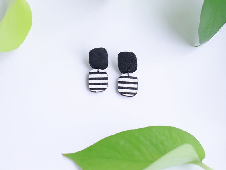 Abstract stripe black and white leather earrings Dangle square earrings Funky earrings Hypoallergenic image 1