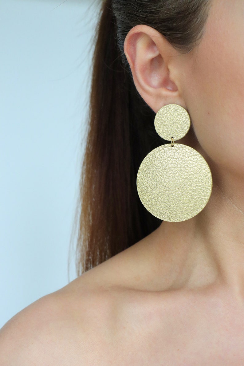Large gold leather double circle earrings Gold statement earrings African earrings Minimal geometric earrings Hypoallergenic image 3