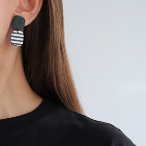 Abstract stripe black and white leather earrings Dangle square earrings Funky earrings Hypoallergenic image 2