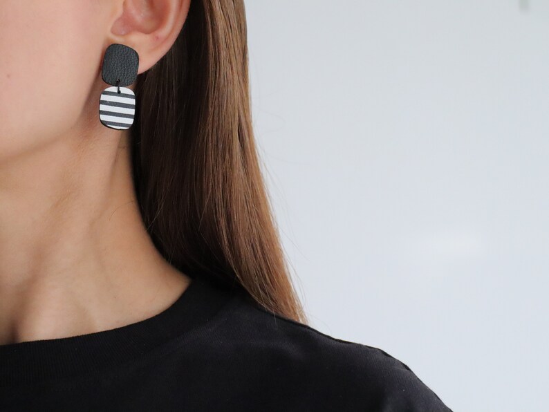 Abstract stripe black and white leather earrings Dangle square earrings Funky earrings Hypoallergenic image 2