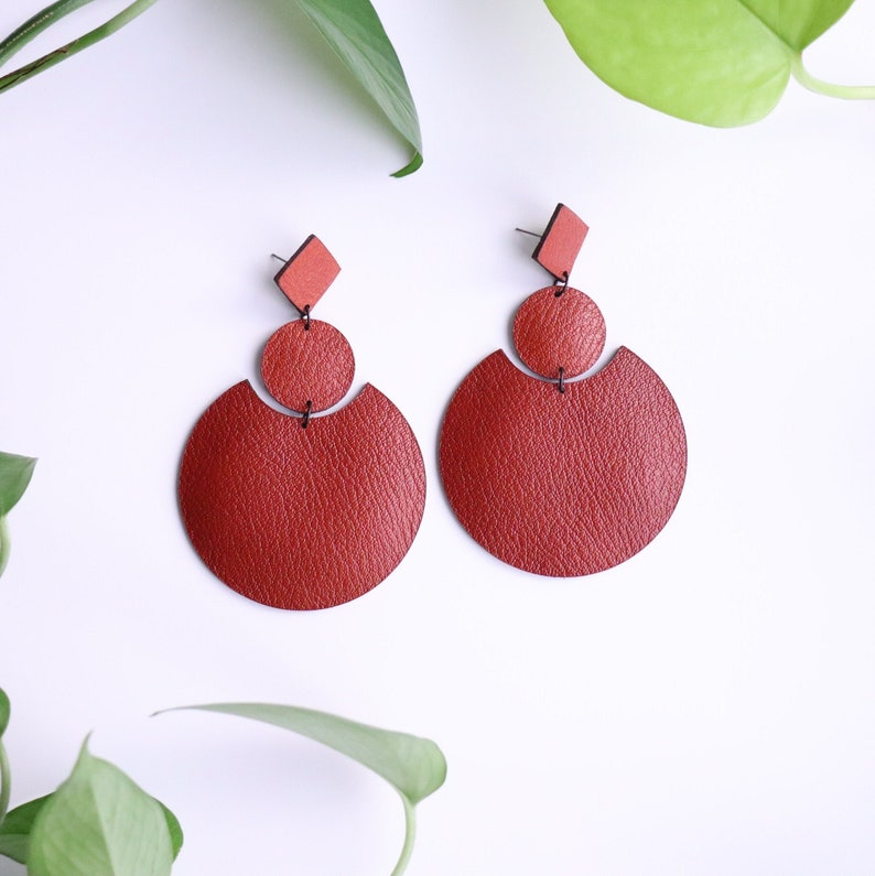 Large brown geometric leather earrings Oversized earrings Brown statement earrings Repurposed genuine leather Hypoallergenic 3.5 Inches