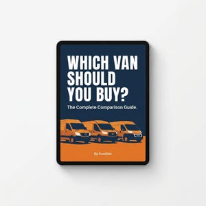 May include: A tablet displays a book cover with the title "WHICH VAN SHOULD YOU BUY?" in white text on a navy blue background. Below the title is "The Complete Comparison Guide." Three orange vans are illustrated at the bottom. The author is "By RoadVan."