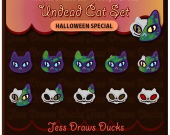 Halloween Undead Black Cat Emote and Badge Set for Twitch and Discord - 10 Icons!