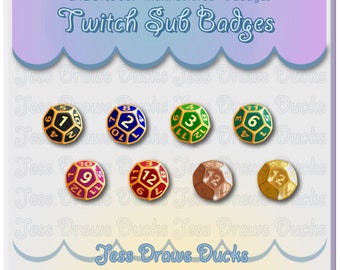 8 Colorful and Gold Twitch Sub/Bit Badges, D12 Dice
