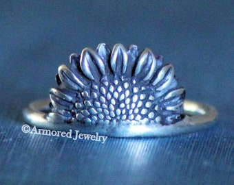 Sterling Silver Half Sunflower Ring, Hippie Ring, Boho Ring, Flower Ring, Floral Jewelry, Sterling Wildflower Ring, Sunflower Jewelry