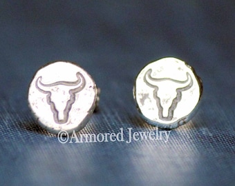 Sterling Silver Longhorn Steer Pebble Stud Earrings, texas longhorn earrings, steer skull earrings, steer skull stud jewelry, steer head