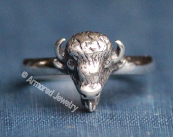 Sterling Silver Buffalo Bison Ring on Comfort Band, Stacker Stacking Stack Stackable, Dainty Simple Delicate, Silver Bison Buffalo ring