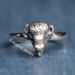 Sterling Silver Buffalo Bison Ring on Comfort Band, Stacker Stacking Stack Stackable, Dainty Simple Delicate, Silver Bison Buffalo ring