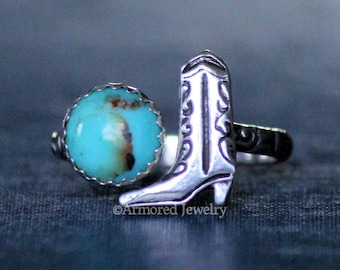 Bague réglable en argent sterling turquoise et botte de cow-girl, bijoux turquoise, bijoux du sud-ouest, bijoux en argent sterling, bague en argent