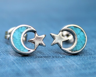 Sterling Silver Moon Star Turquoise Earrings, Triangle Earring Studs, Celestial Silver Earrings, Turquoise Studs, Dainty Moon Earrings