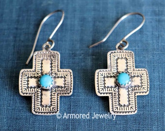 Sterling Silver Southwestern Cross Turquoise Earrings, Southwest Jewelry, Southwestern Jewelry, Silver Christian Earrings, Christian Jewelry