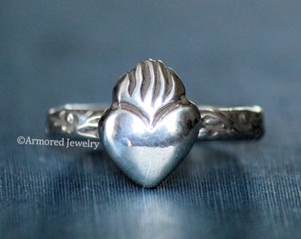 Sterling Silver Flaming Sacred Heart Ring, Christian ring, Silver Christian Jewelry, Sacred Heard Jewelry, Religious jewelry, Flame ring