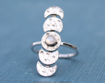 Moon phase jewelry, silver crescent moon ring, moon cycle ring, celestial jewelry, wiccan ring, triple goddess ring, celestial jewellery