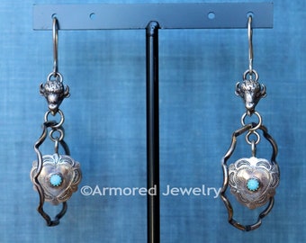Sterling Silber Herz Concho Buffalo Türkis Ohrringe, Southwestern Ohrringe, Baumeln Kaktus Ohrringe, Türkis Schmuck, Concho Schmuck