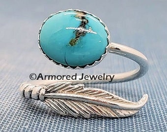 Turquoise & Sterling Silver Feather Wrap Ring, Feather Bypass Ring, Silver Wrap Ring, Sterling Feather jewelry, Turquoise jewelry rings