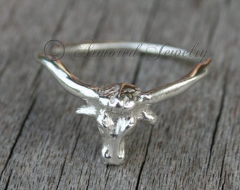 Longhorn Ring, Sterling Silber, Texas Longhorns, Ochsen, Landmädchen Schmuck, rustikaler Ring, zart einfach zierlich, Stapelring