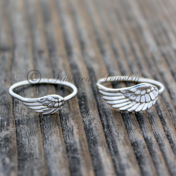 Angel Wing Ring 4 & 5 Ring Set, Sterling Silver Mother Daughter Ring Set, Angel feather wing ring, Mother Daughter Simple Delicate Dainty