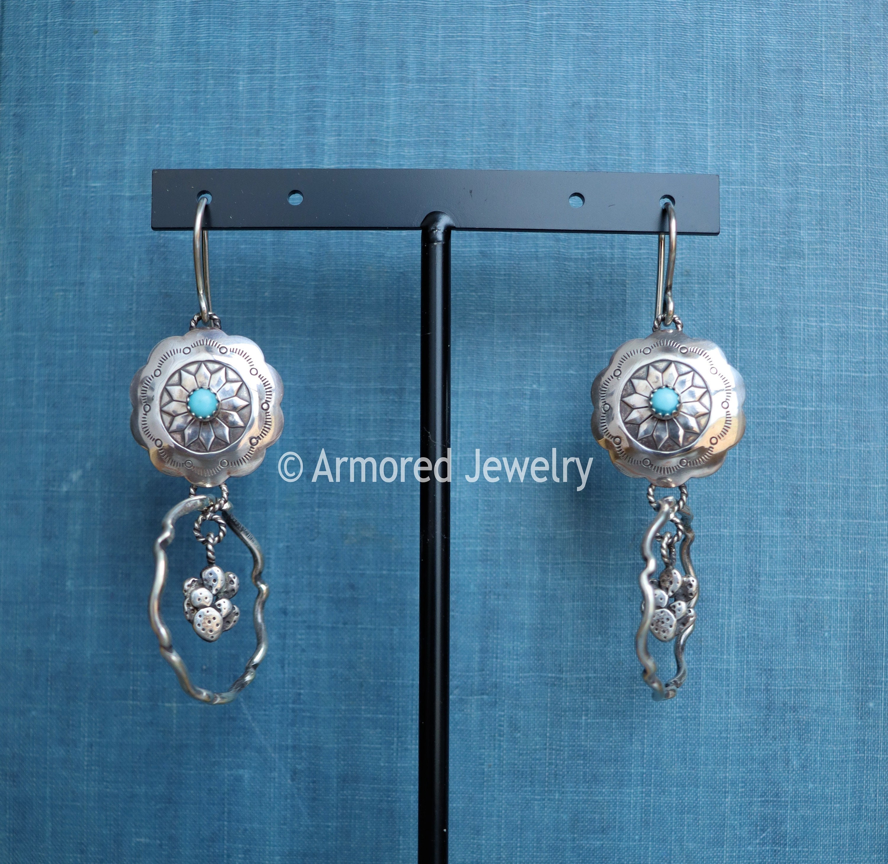 Sterling Silver Concho Mini Cactus Turquoise Earrings, Southwest Earrings, Dangle Cactus Earrings, Turquoise Jewelry, Concho Jewelry