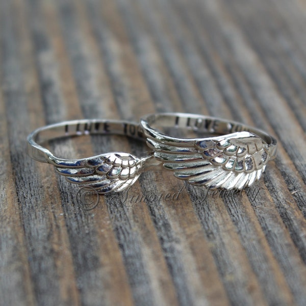 Personalized Customized Angel Wing Rings 4 & 5 Ring Set, Sterling Silver Mother Daughter Ring Set, Angel feather wing ring, simple dainty