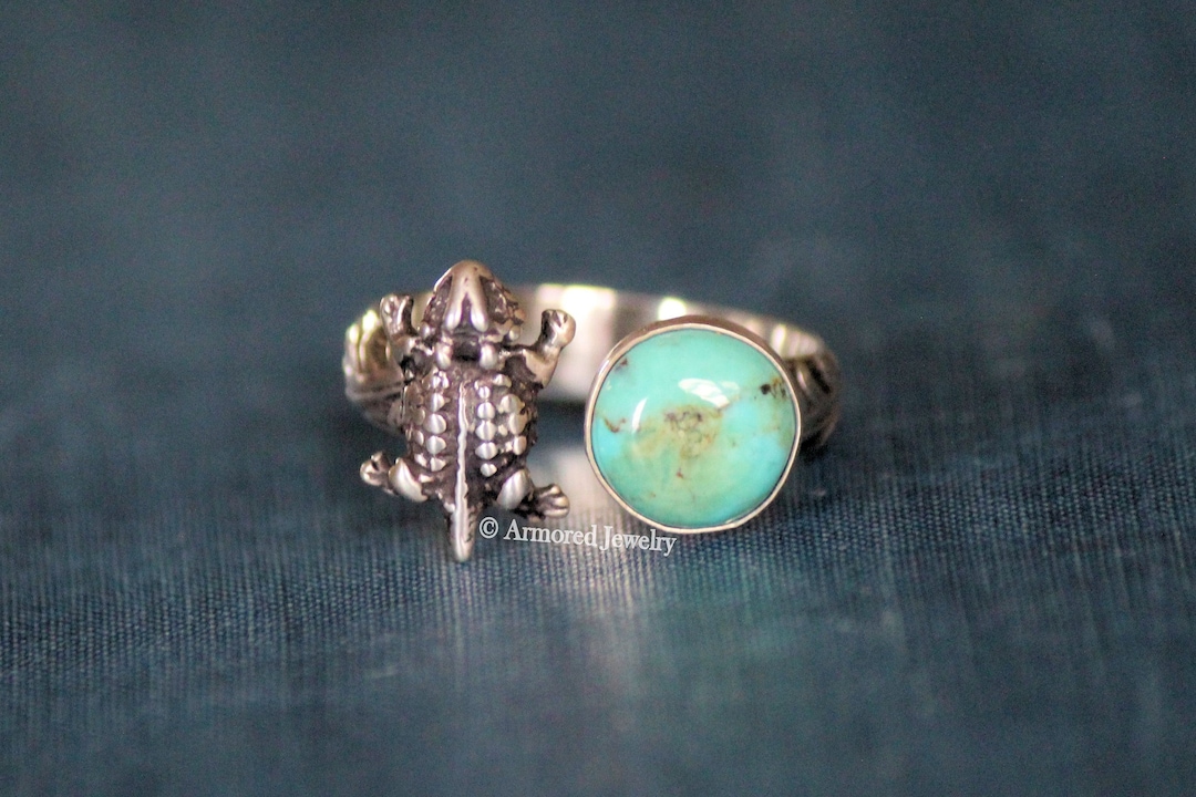 Sterling Silver Horned Toad Turquoise Ring, Silver Horny Frog Ring