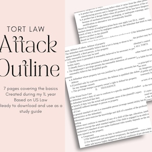 Könnte beinhalten: Ein Studienführer mit dem Titel "TORT LAW Attack Outline" auf hellrosa Hintergrund. Das Dokument enthält Aufzählungspunkte: 7 Seiten, erstellt im 1. Jahr, basierend auf US-Recht und zum Download bereit. Eine zweite Textseite ist sichtbar.