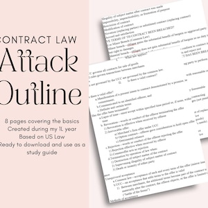 Könnte beinhalten: Ein Studienführer zum Vertragsrecht, "Attack Outline", mit 8 Seiten, die die Grundlagen abdecken. Erstellt im ersten Studienjahr in den USA, zum Download bereit. Der Hintergrund ist rosa.