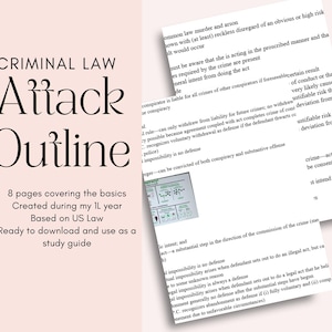 Könnte beinhalten: Ein digitaler Studienleitfaden mit dem Titel CRIMINAL LAW Attack Outline auf hellrosa Hintergrund. Das Dokument umfasst acht Textseiten zum US-Recht, einschließlich juristischer Definitionen, Verschwörungsregeln und eines Diagramms.