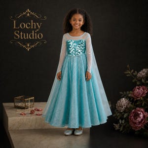 May include: A floor-length, light blue dress featuring a bodice covered in shimmering, square-shaped sequins, long sheer sleeves, and a flowing, glitter-infused skirt. The garment includes a sheer cape attached to the back, creating a regal look.