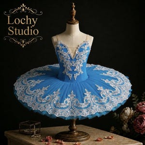 May include: A bright blue ballet tutu on a mannequin, featuring a V-neck bodice adorned with intricate white floral lace embroidery and sequins. The stiff, layered tulle skirt is decorated with a wide, matching white lace border pattern.