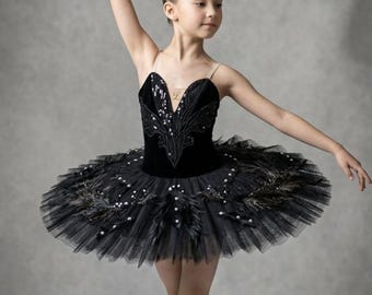 Custom Kids Black Swan Costume for Halloween, Black Swan Pancake Ballet Tutu, Girls Black Pancake Tutu, Professional Black Ballet Dress