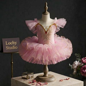 Puede incluir: Un tutú de ballet rosa sobre un maniquí, con adornos dorados y un corpiño decorativo. El tutú tiene múltiples capas de tul con volantes. El maniquí está sobre un soporte de madera. El texto "Lochy Studio" está en un letrero.