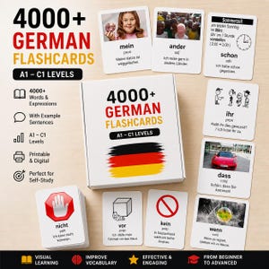 May include: A set of 4000+ German language flashcards for A1-C1 levels, featuring a white box with the German flag, accompanied by several individual cards displaying vocabulary words, example sentences, and illustrative images for study.
