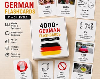 Tarjetas de vocabulario alemán A1–C1 / Más de 4000 palabras con ejemplos e imágenes / PDF con traducción al inglés