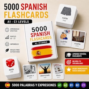 May include: A set of 5000 Spanish flashcards in a white box with the Spanish flag, featuring A1-C1 levels. The cards display various images like a red die, a pair of shorts, and a newspaper, with corresponding Spanish words and grammatical labels.
