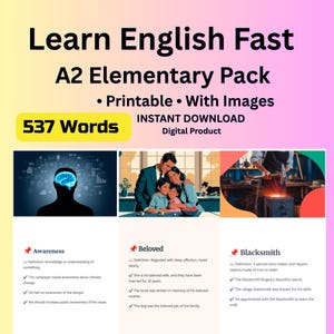 Peut inclure: Publicité pour un pack d'apprentissage d'anglais A2 Elementary numérique. L'image affiche le texte "Learn English Fast" et "537 Words". Elle présente des exemples de vocabulaire avec définitions et images, notamment "Awareness", "Beloved" et "Blacksmith".