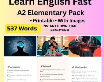 Tarjetas didácticas de inglés imprimibles en PDF / 537 tarjetas de vocabulario / Inglés elemental A2 / Aprendizaje de inglés como segunda lengua / Descarga instantánea