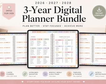 Paquete de planificador digital de 3 años / GoodNotes con hipervínculos, PDF (2026-2028)