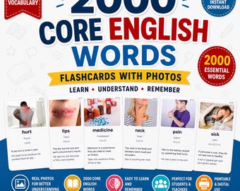 2000 tarjetas didácticas con palabras básicas en inglés e imágenes / Vocabulario ESL en PDF / Tarjetas de estudio imprimibles