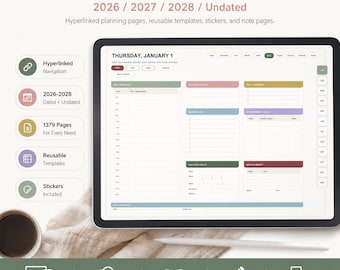 Agenda digital útil 2026-2028 / GoodNotes con enlaces, sin fecha (descarga digital)