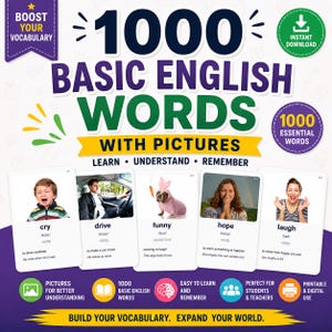 以下が含まれることがあります： 「1000 Basic English Words With Pictures」と題されたデジタル教材。cry、drive、funny、hope、laughという単語が記載された5枚の単語カードが表示されており、それぞれの画像、定義、発音記号が示されています。