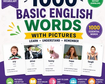 1000 tarjetas didácticas con palabras básicas en inglés / Vocabulario ESL en PDF (Descarga digital)