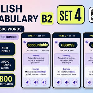 以下が含まれることがあります： Anki用英語語彙B2セット4デジタル学習ガイド。600語、3つのデッキ、1800のオーディオトラックが含まれています。ディスプレイには、accountable、assess、ashoreの語彙エントリーと定義が表示された3つの携帯電話画面が示されています。