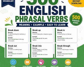 500 tarjetas didácticas de verbos frasales en inglés / Significado, ejemplos, estudio de inglés como segundo idioma (descarga en PDF)