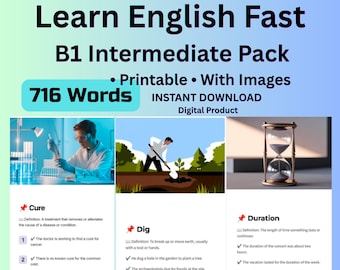 Tarjetas didácticas de inglés imprimibles en PDF / 716 tarjetas de vocabulario / Inglés intermedio B1 / Aprendizaje de inglés como segundo idioma / Descarga instantánea