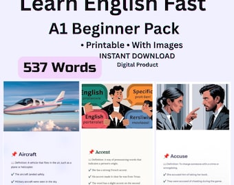 Tarjetas didácticas de inglés imprimibles en PDF / Tarjetas de vocabulario / Aprendizaje de inglés como segundo idioma para principiantes / Palabras básicas en inglés