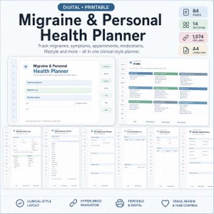 Könnte beinhalten: Ein digitaler und druckbarer Migräne- und persönlicher Gesundheitsplaner mit 84 Seiten, 14 Abschnitten und 1.574 PDF-Links im A4-Querformat. Der Planer enthält ein Dashboard, einen Index und verschiedene Protokolle zur Erfassung von Symptomen und Terminen.