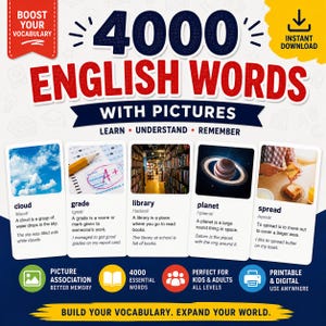 Può includere: Una risorsa educativa digitale intitolata 4000 English Words With Pictures. Il layout presenta cinque schede di esempio che mostrano una nuvola, un voto, una biblioteca, un pianeta e una spalmatura, ciascuna con definizioni e frasi. Icone incluse.